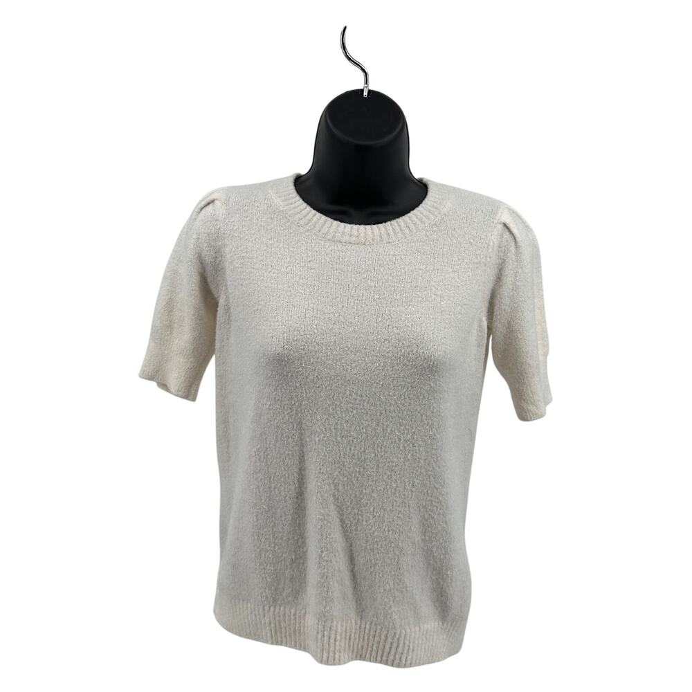 Rachel Zoe Short Sleeve Sweater Top WMN XS White Pleated Shoulder Crew Neck Soft